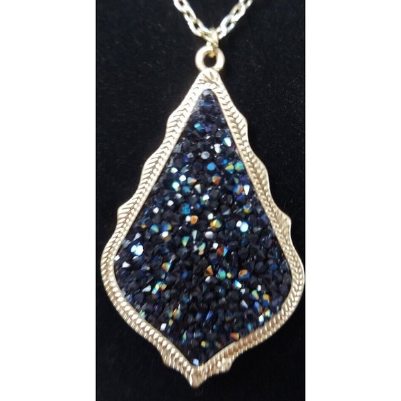 Gold Plated Necklace Featuring Glass Stone 2" Teardrop Pendant Sparkle 22" Chain - Picture 2 of 7